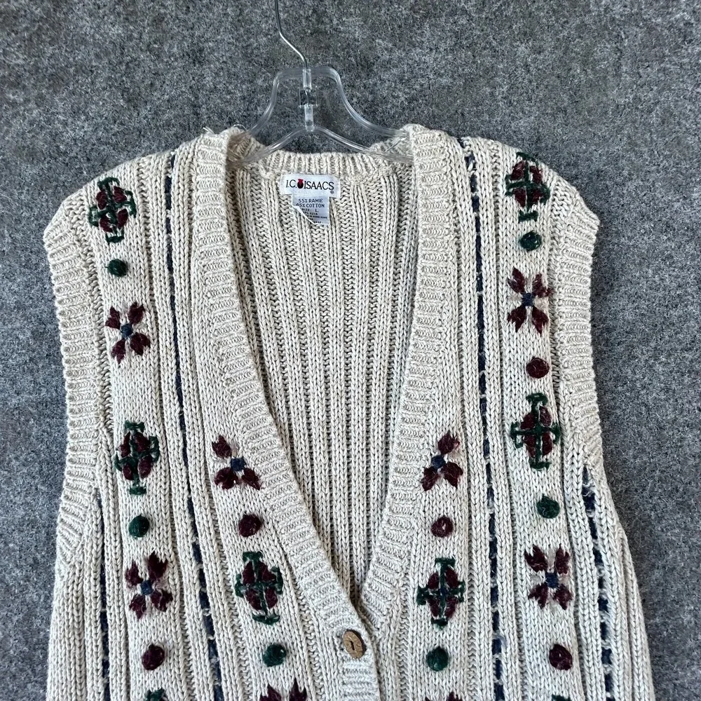 Vintage I.C. Isaacs Knit Sweater Vest Womens L Ivory Embroidered Floral Grandma